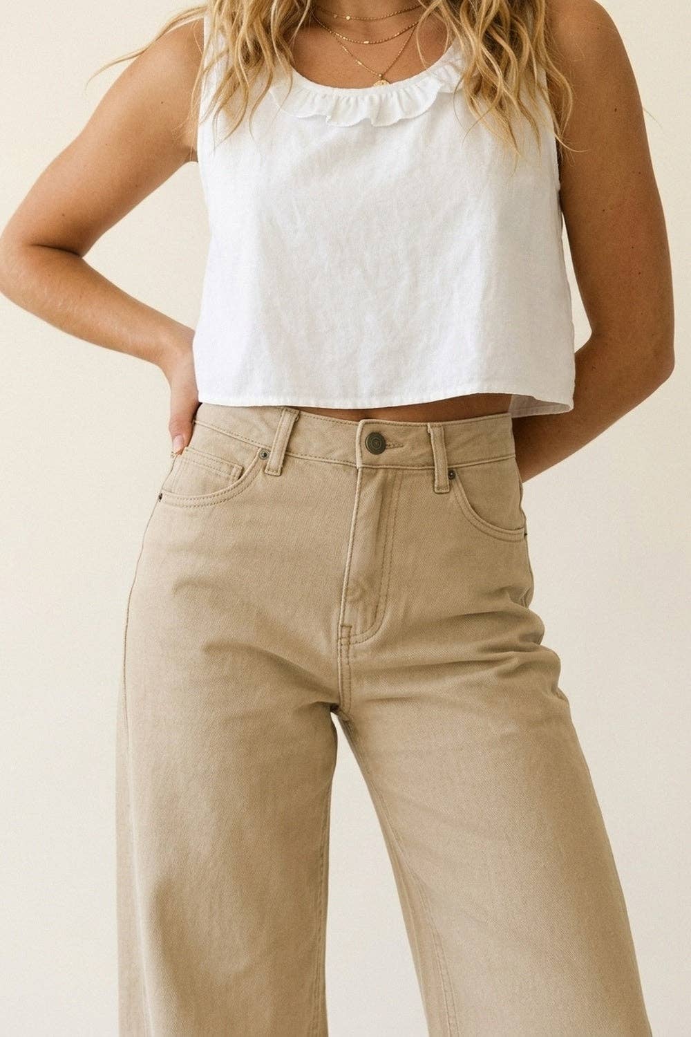 Beige, weit geschnittene, lässige Baumwollhose mit 5 Taschen: BEIGE / L