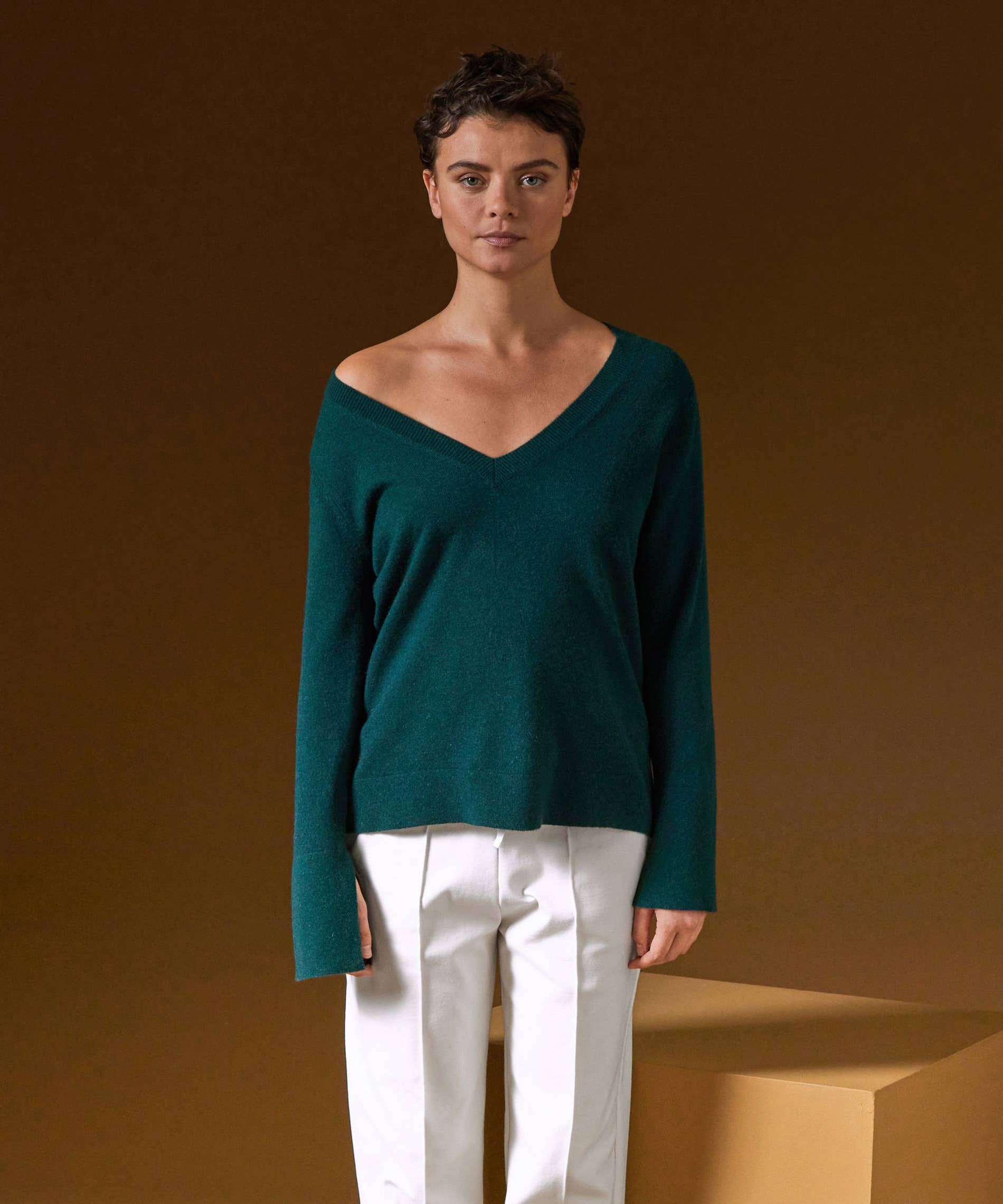 Kaschmirpullover mit V-Ausschnitt: Korallen-Orange / L
