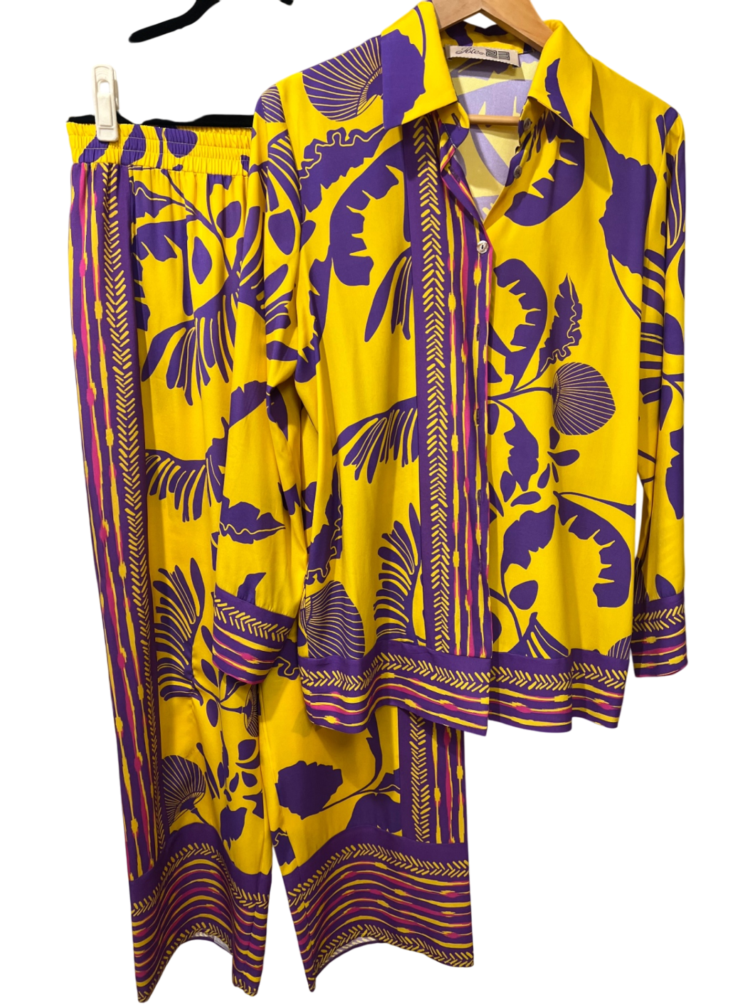 Soie 23 Hose und Bluse 2-Teiler Set 38 Gelb und Lila Neu ohne Etikett