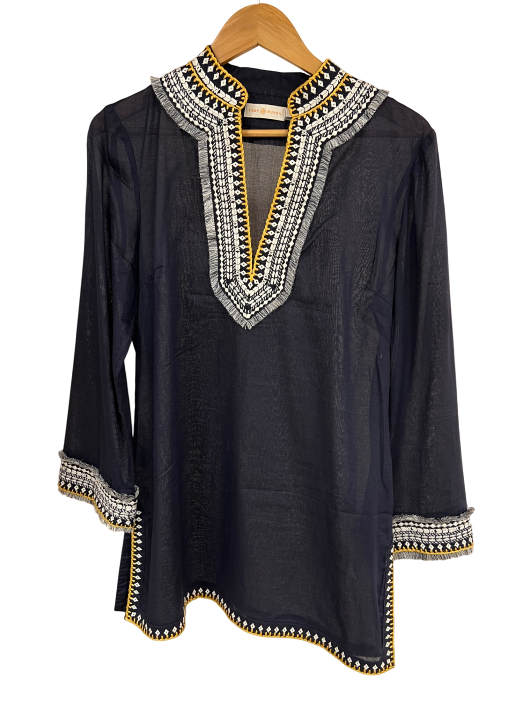 Tory Burch Hemdbluse 38 Dunkelblau, mit cremefarbenen, gelben und schwarzen Stickereien Sehr gut