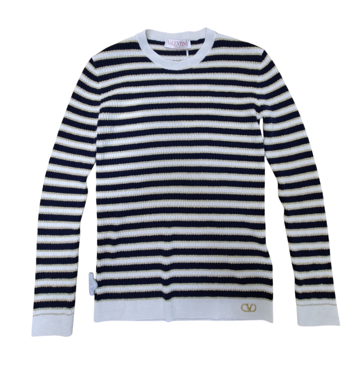 Valentino Strickpullover 38 Beige, Dunkelblau, Gold 