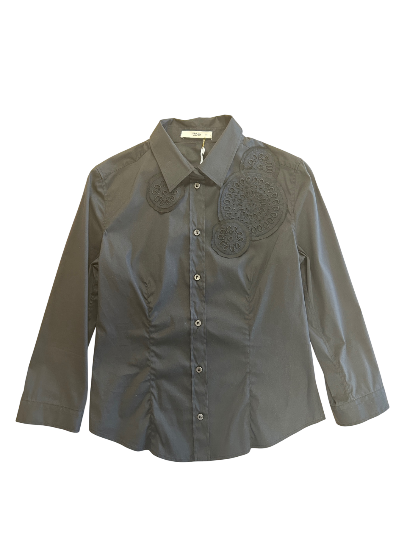 Prada Hemdbluse 36 Schwarz mit Stickerei Sehr gut