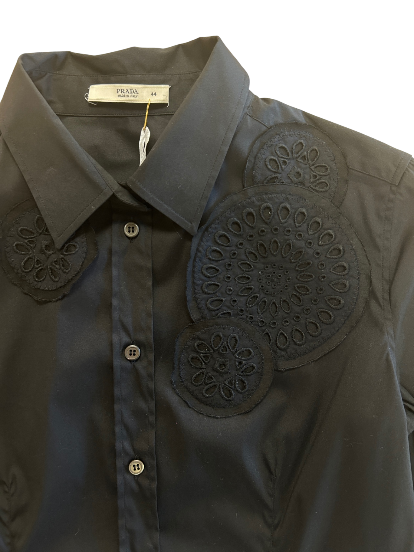 Prada Hemdbluse 36 Schwarz mit Stickerei Sehr gut
