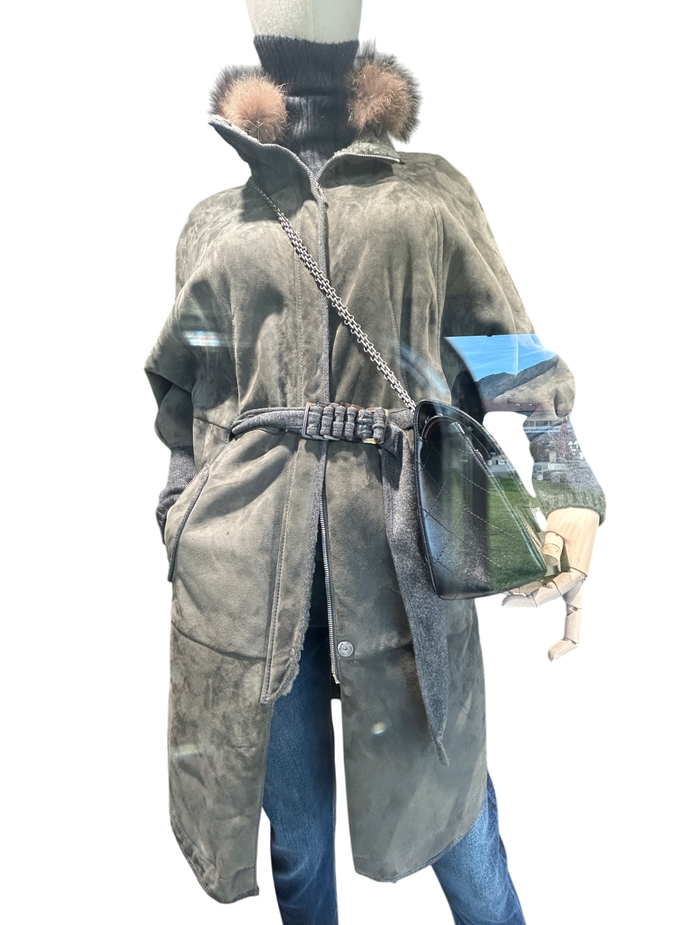 Brunello Cucinelli Mantel dunkelgrün, grau 36/38 Lammfell