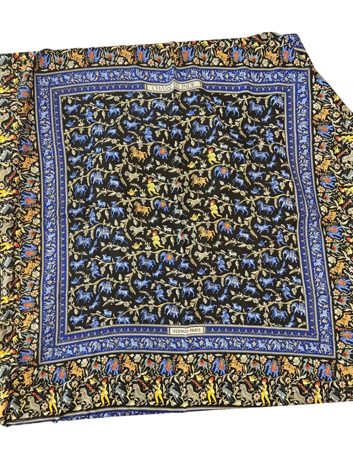 Chasse en Inde Schwarz, Blau, Gelb, Rot 140x140 Cashmere / Seide