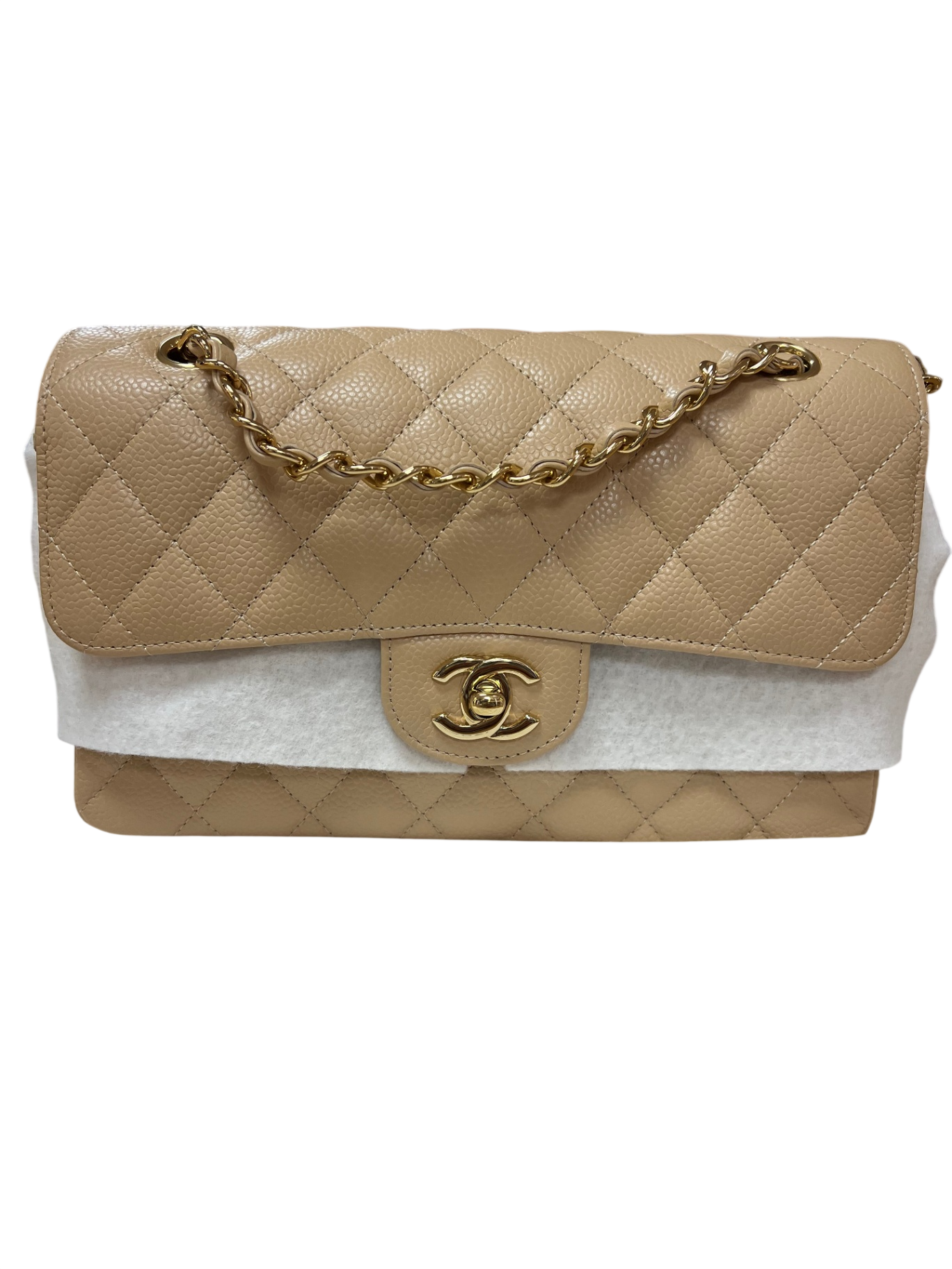 Chanel Classique Double Flap Kalbsleder & goldfarbenes Metall Dunkles Beige Lammleder