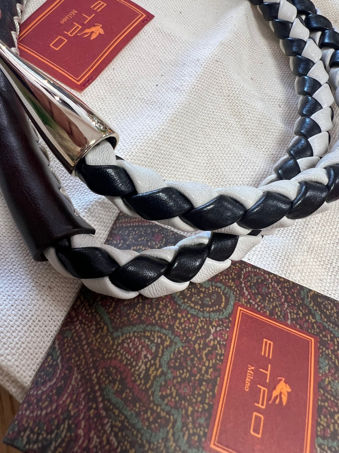 ETRO Schwarz und Weiß Silber 95 cm Leder und Metall