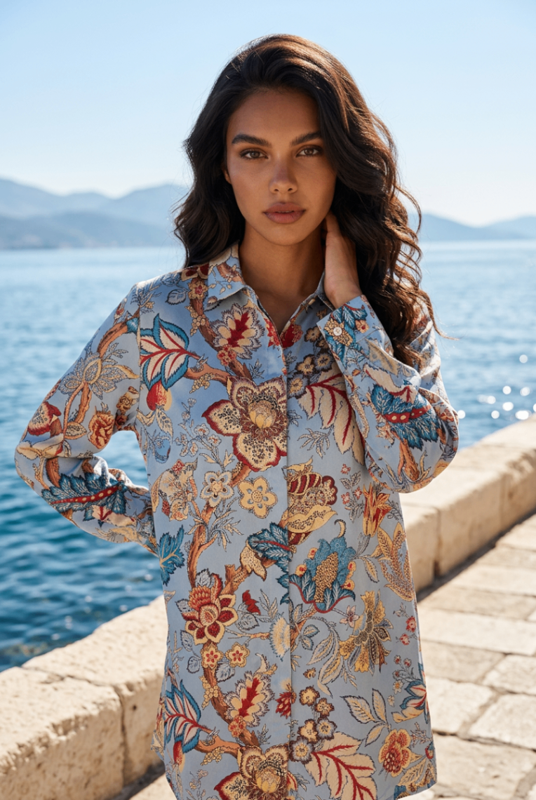 ETRO Blau mit buntem Blumenmuster 42 Seide