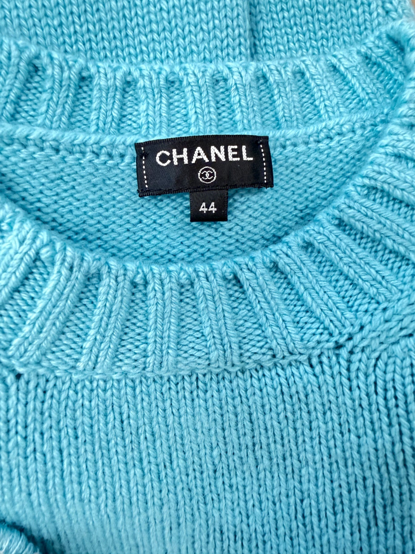 CHANEL Cyanblau CC 40 100% Cashmere/Stickerei mit Perlen