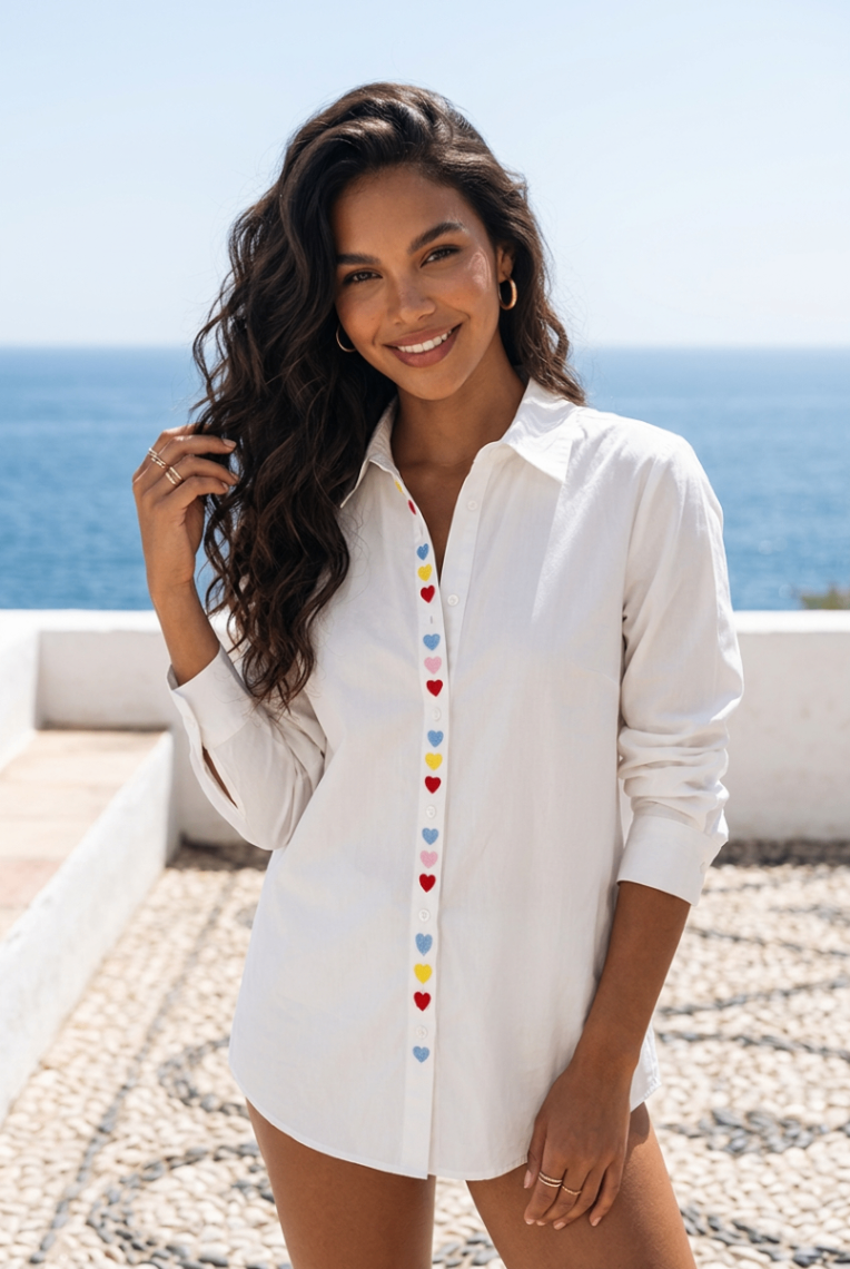 Q2 Bluse Weiß bunte Herzen 38 Baumwolle