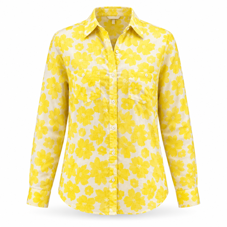 HAPPY FEW Bluse Gelb-weiß gemustert XL Baumwolle
