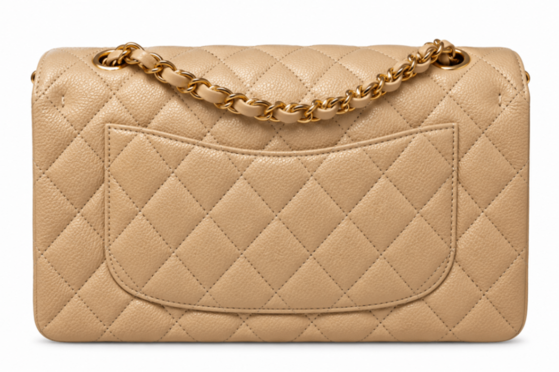 Chanel Classique Double Flap Kalbsleder & goldfarbenes Metall Dunkles Beige Lammleder