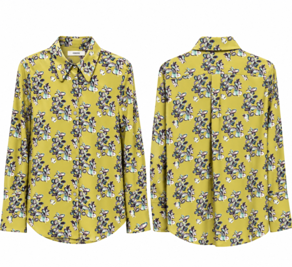 Odhee Grün mit floralem Muster in Grau und Blau 38 Seide