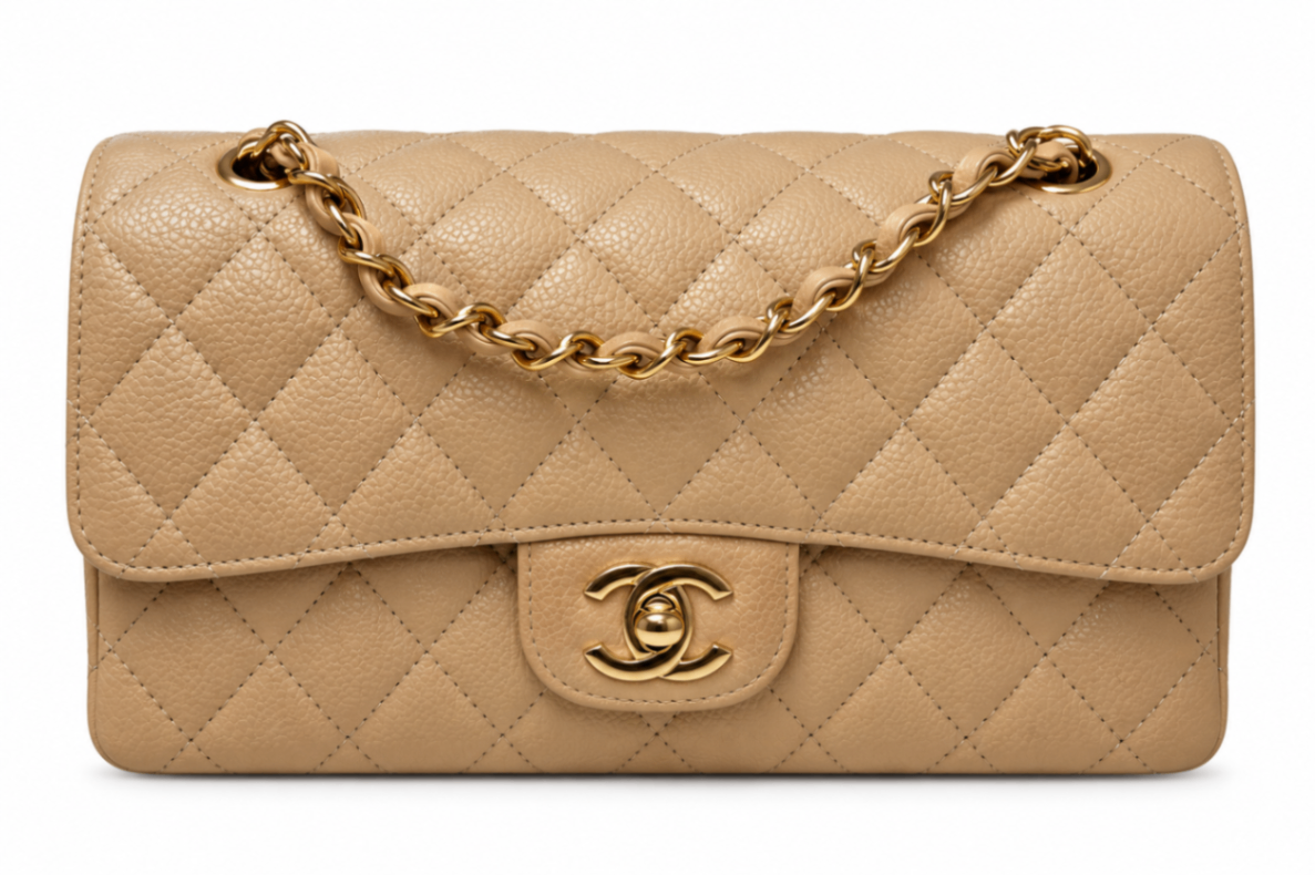 Chanel Classique Double Flap Kalbsleder & goldfarbenes Metall Dunkles Beige Lammleder