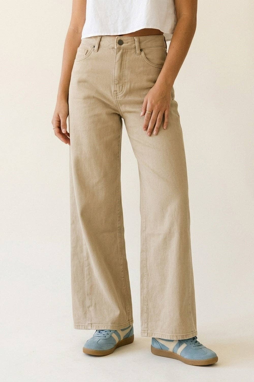 Beige, weit geschnittene, lässige Baumwollhose mit 5 Taschen: BEIGE / L