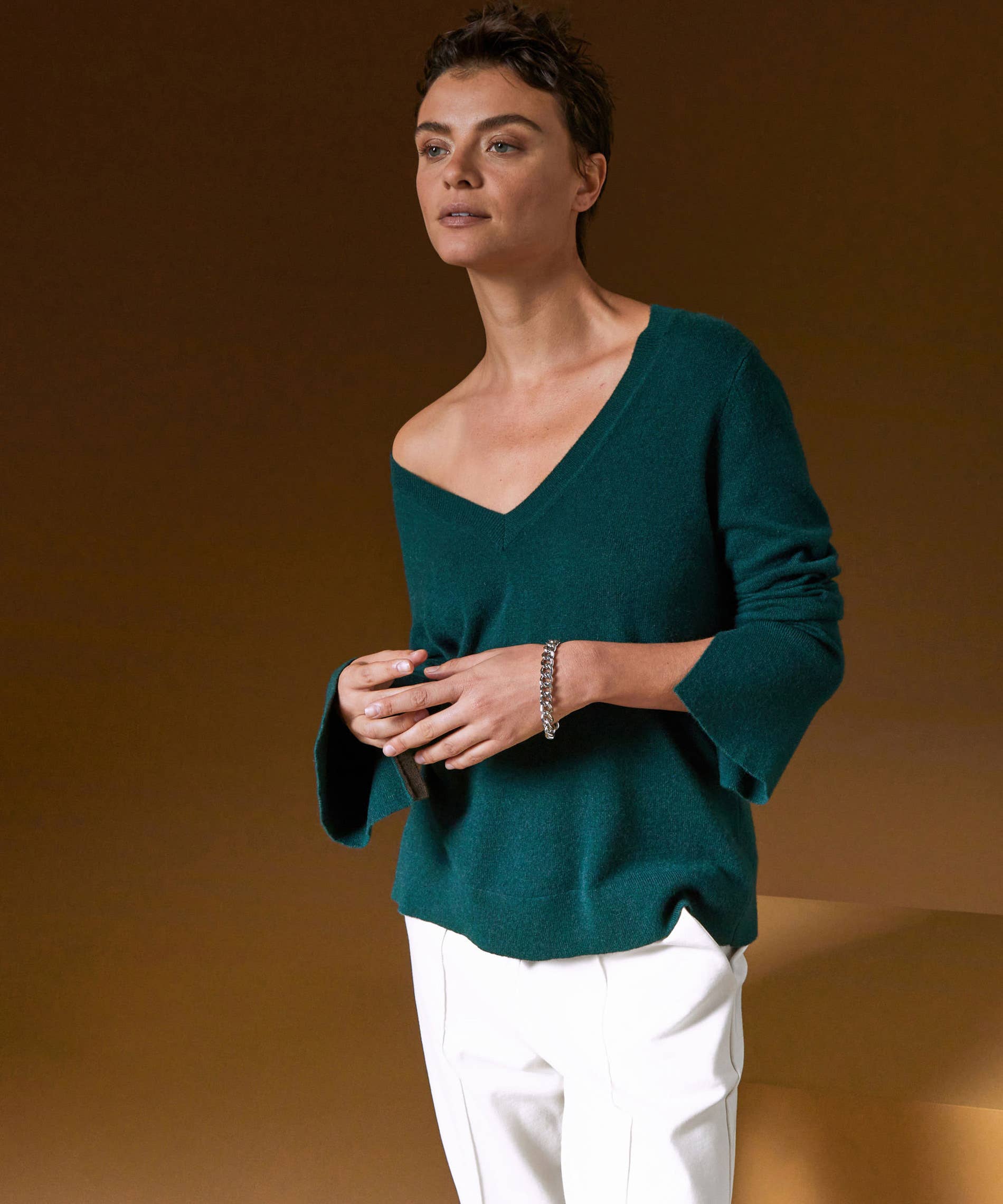 Kaschmirpullover mit V-Ausschnitt: Korallen-Orange / L