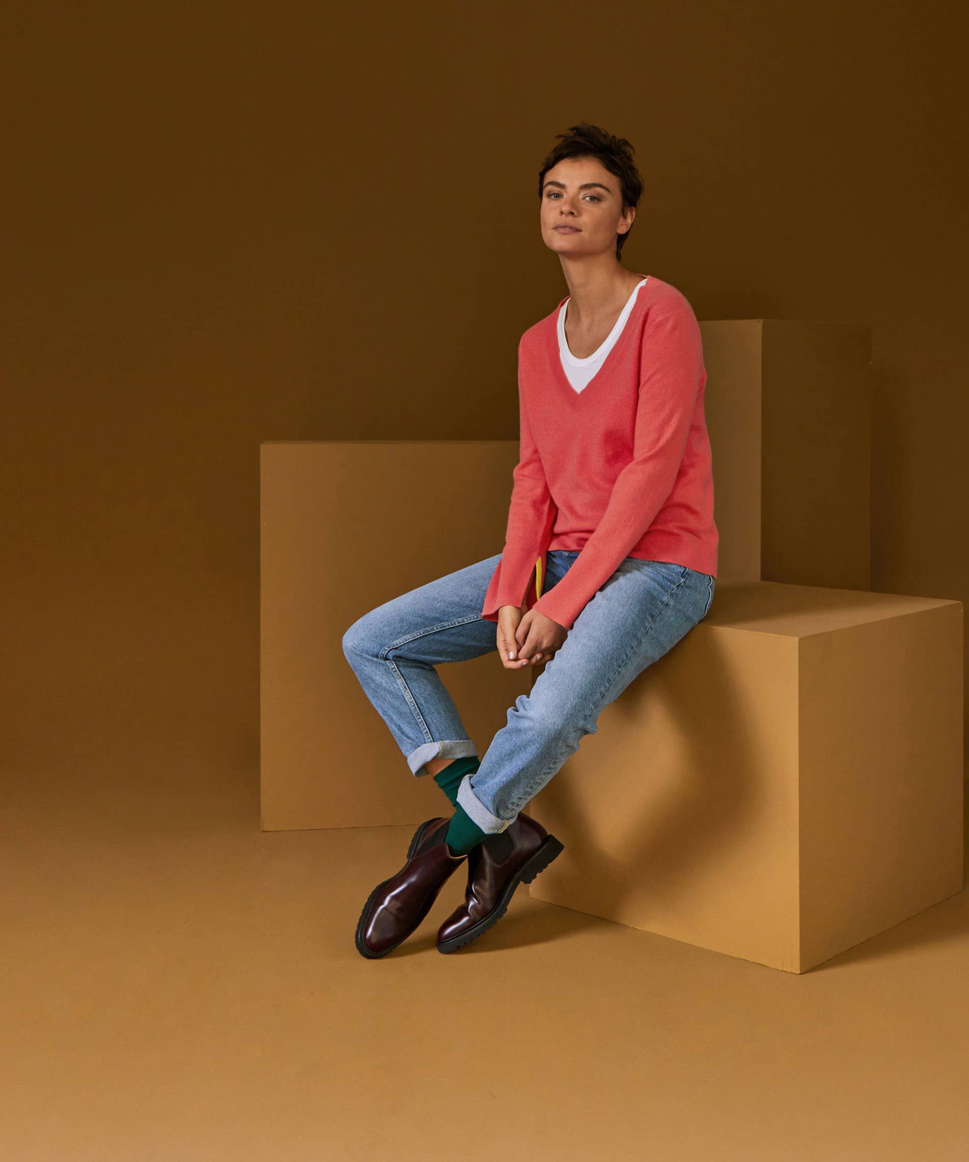 Kaschmirpullover mit V-Ausschnitt: Rose tonique / XL