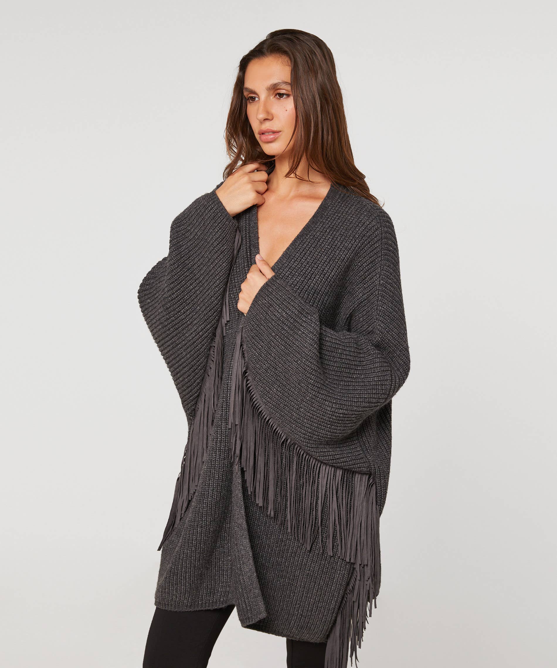 Oversize-Weste mit Fransen: Gris anthracite / M