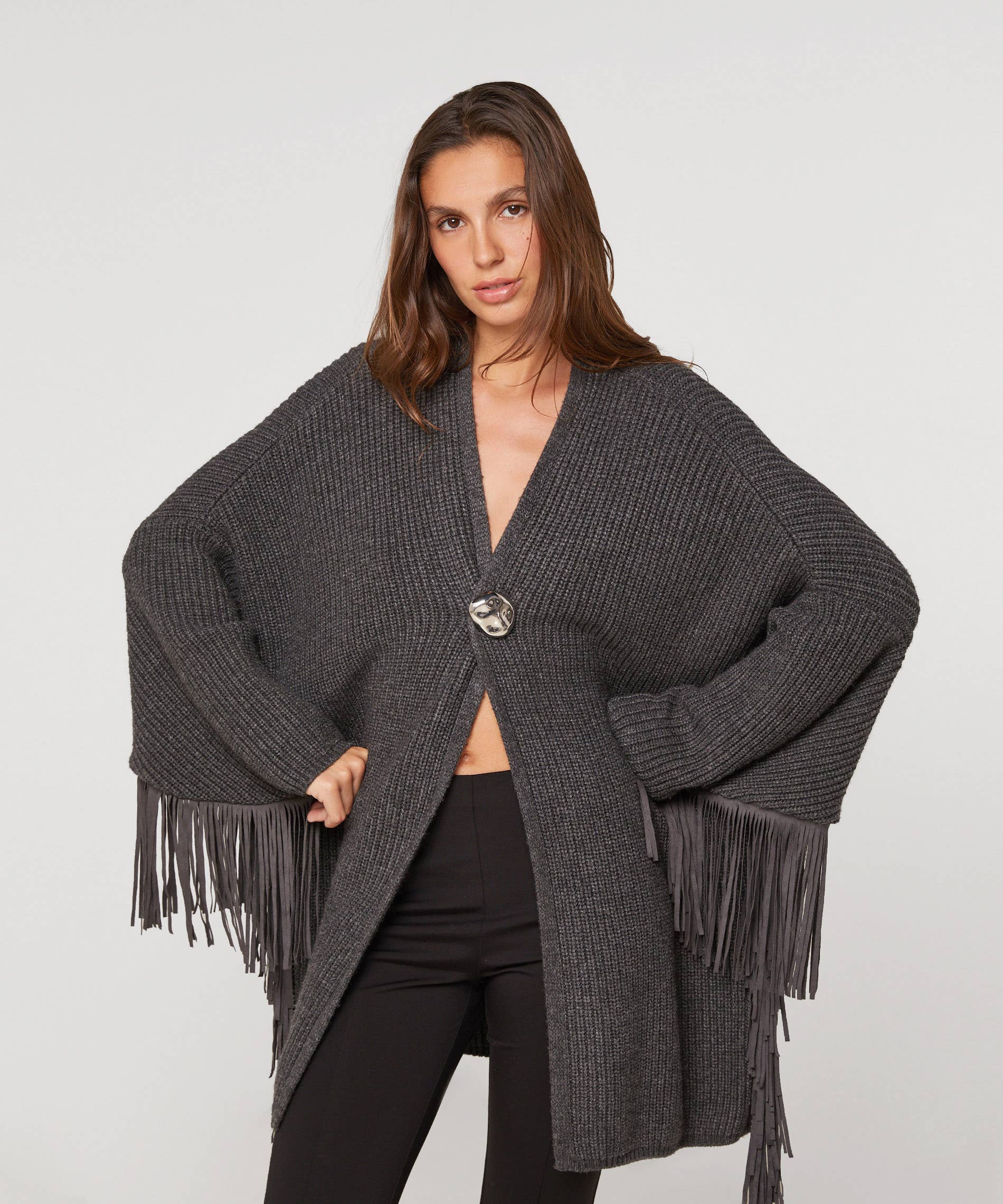 Oversize-Weste mit Fransen: Gris anthracite / M