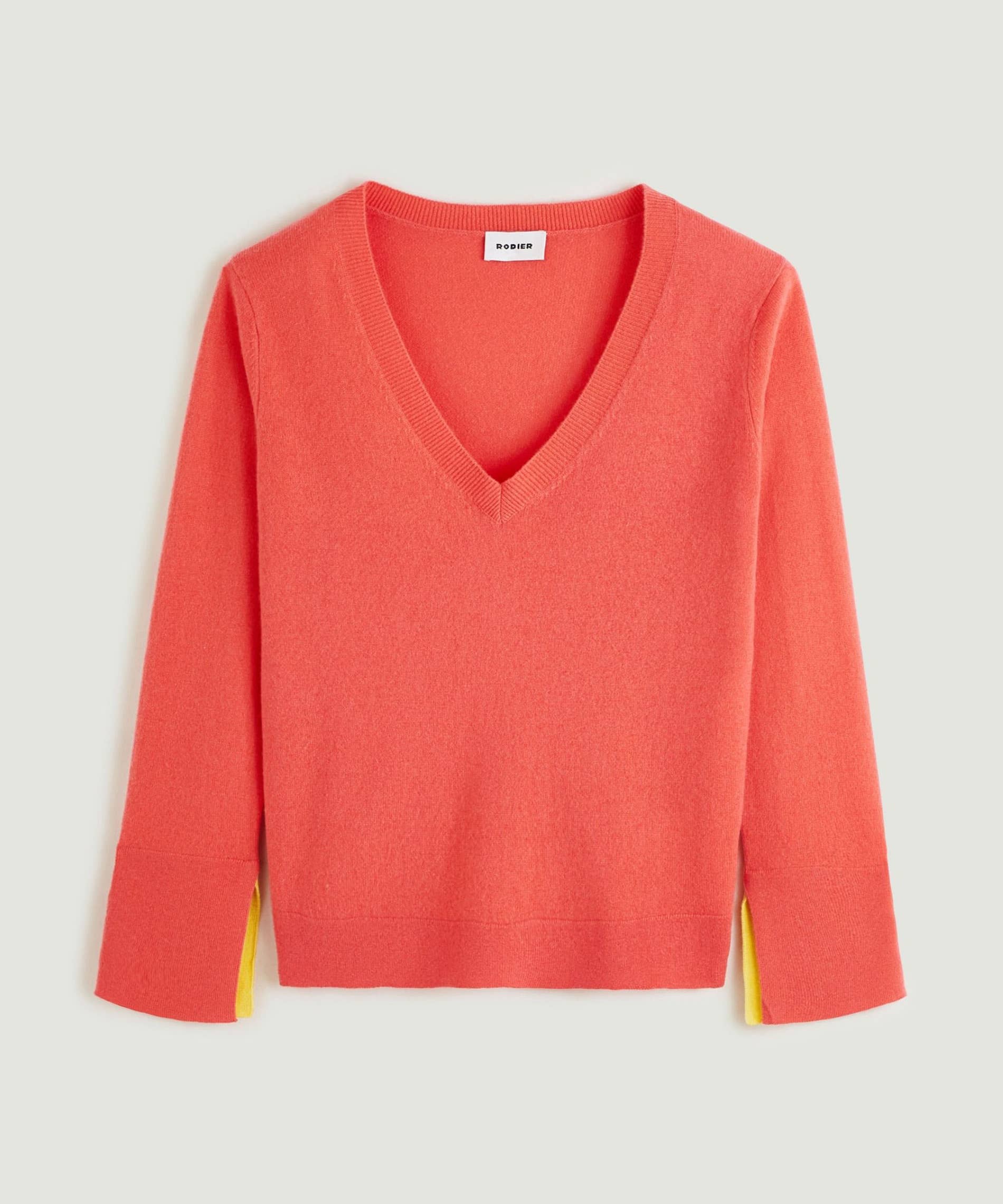 Kaschmirpullover mit V-Ausschnitt: Korallen-Orange / L