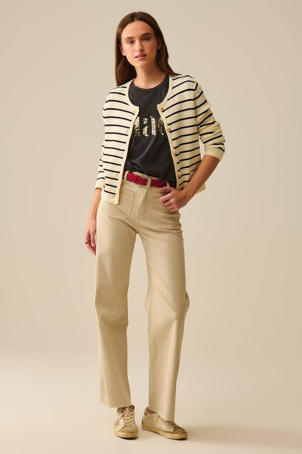 Weite Hose mit Fronttaschen in Beige: BEIGE / L