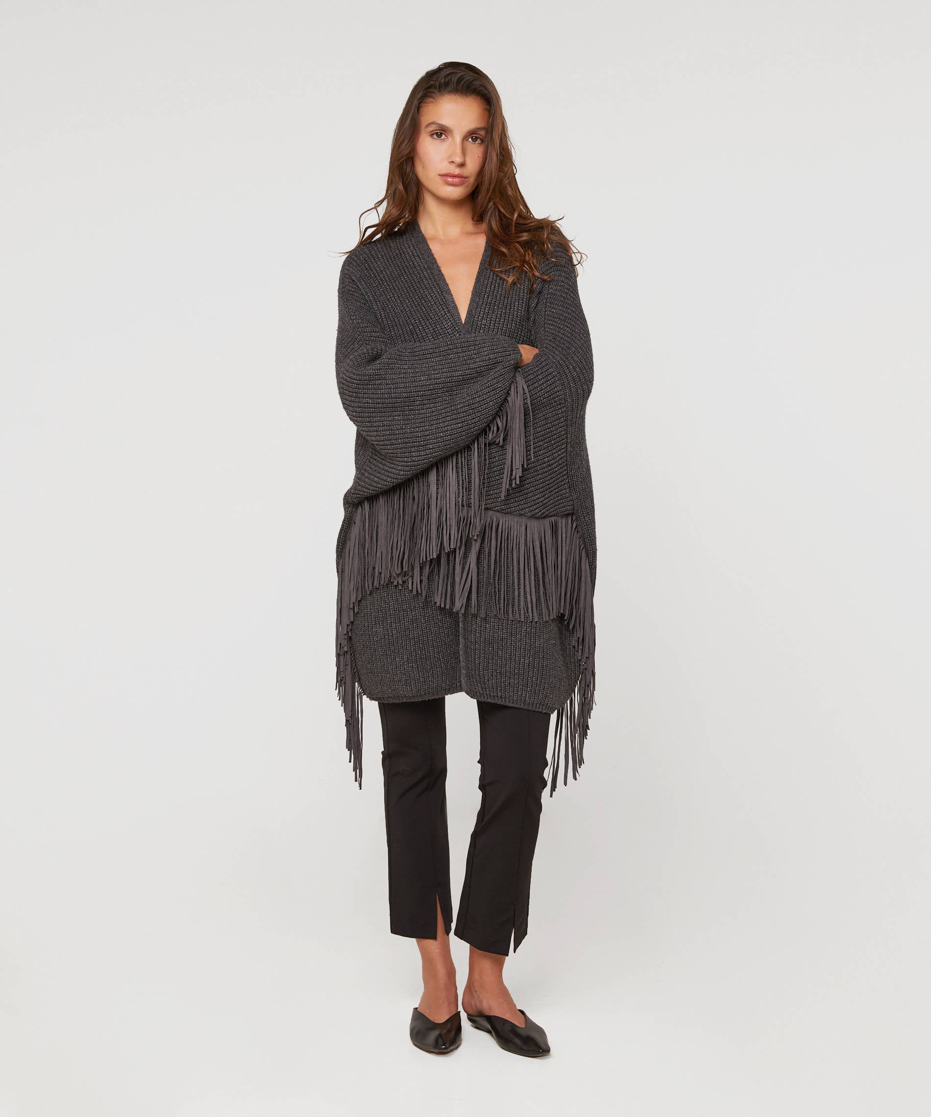 Oversize-Weste mit Fransen: Gris anthracite / M