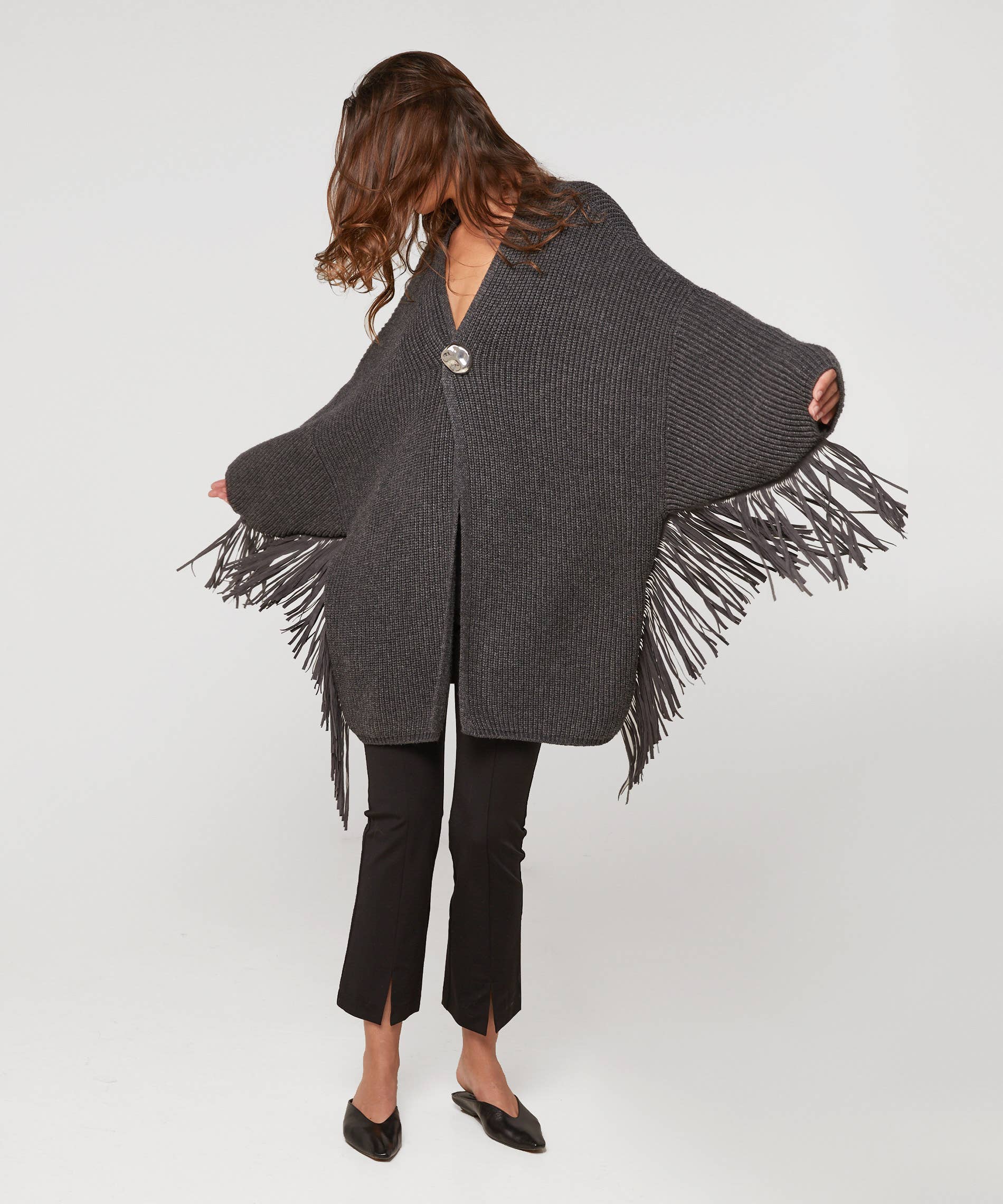 Oversize-Weste mit Fransen: Gris anthracite / M