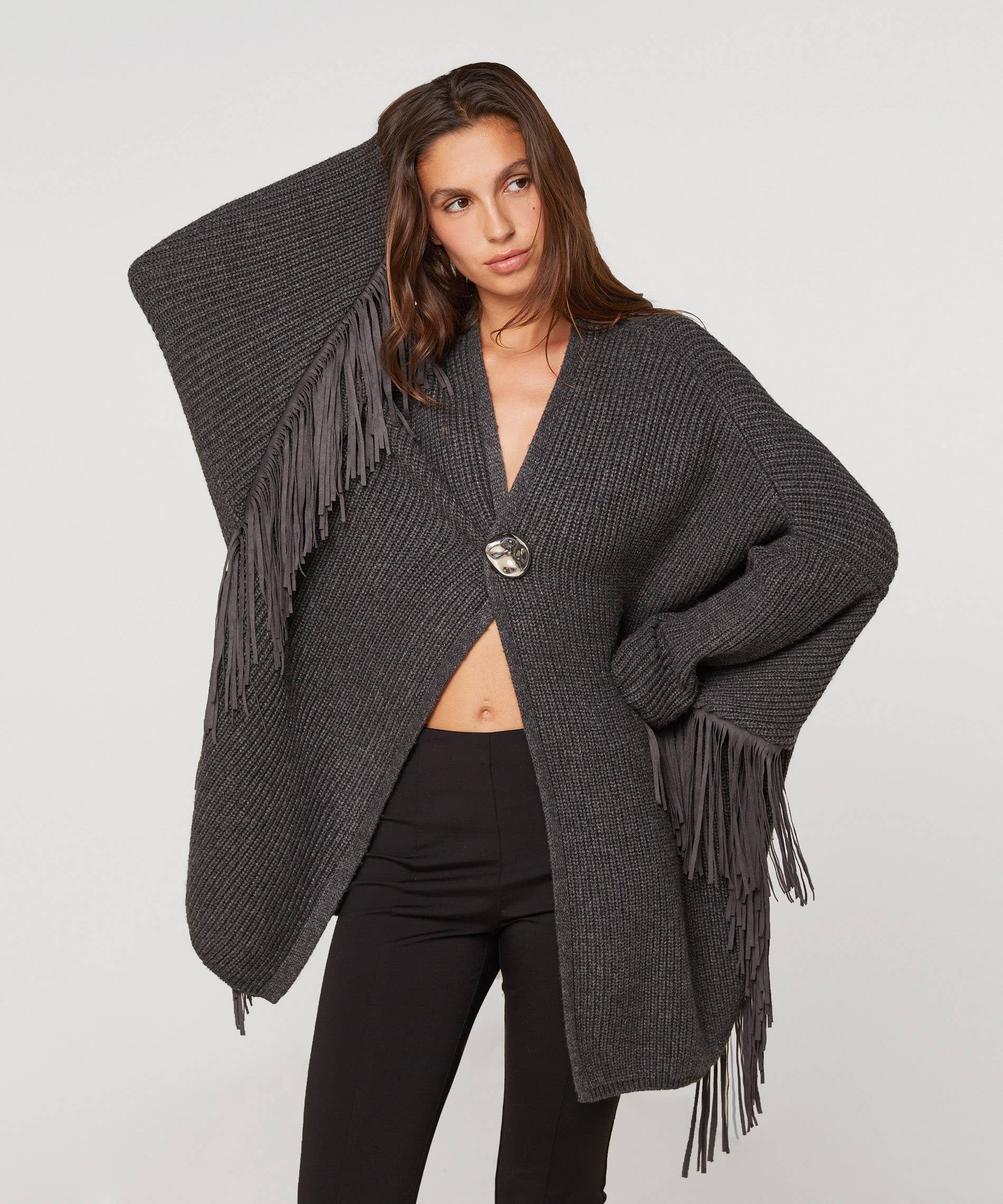 Oversize-Weste mit Fransen: Gris anthracite / M