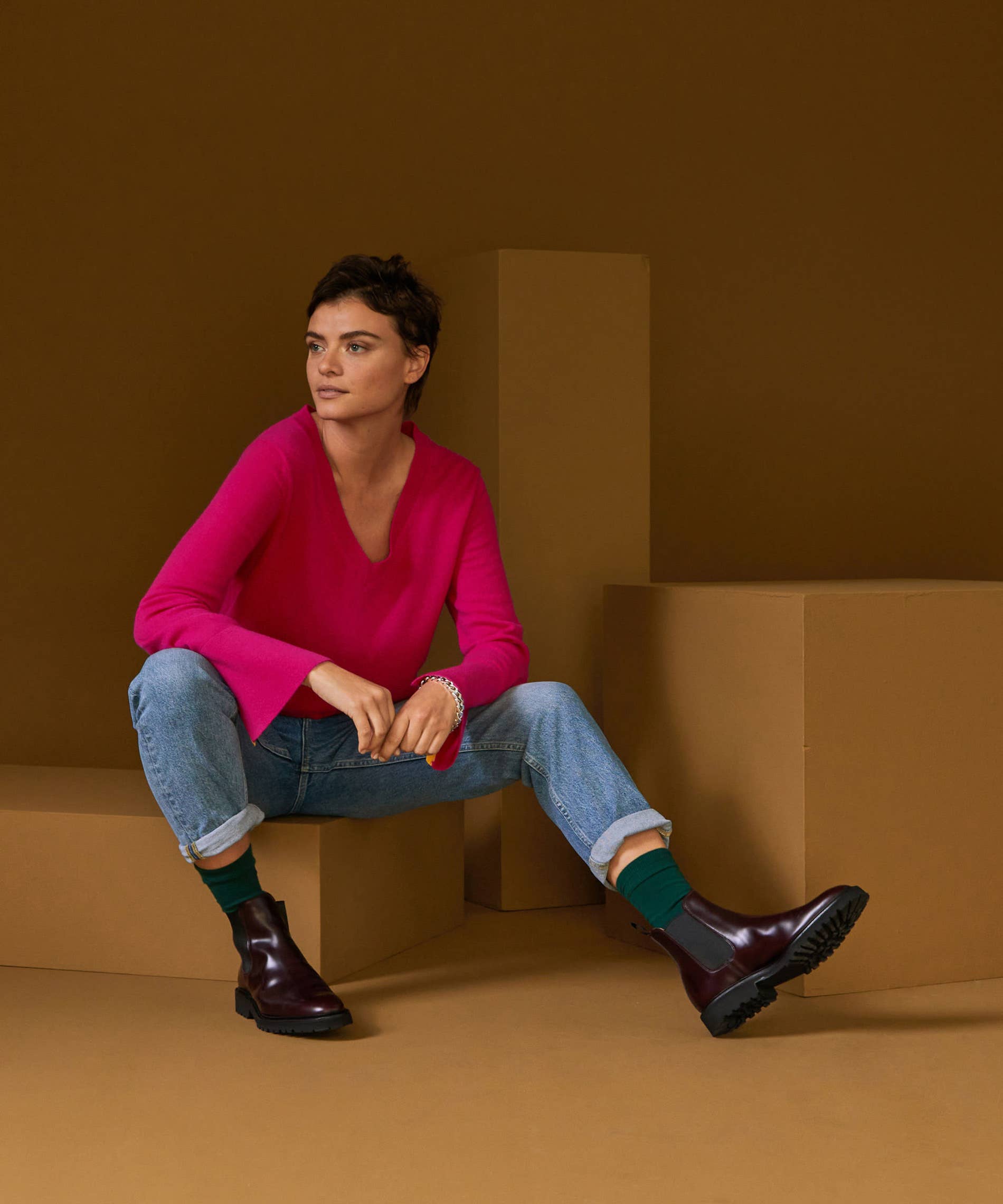 Kaschmirpullover mit V-Ausschnitt: Korallen-Orange / L