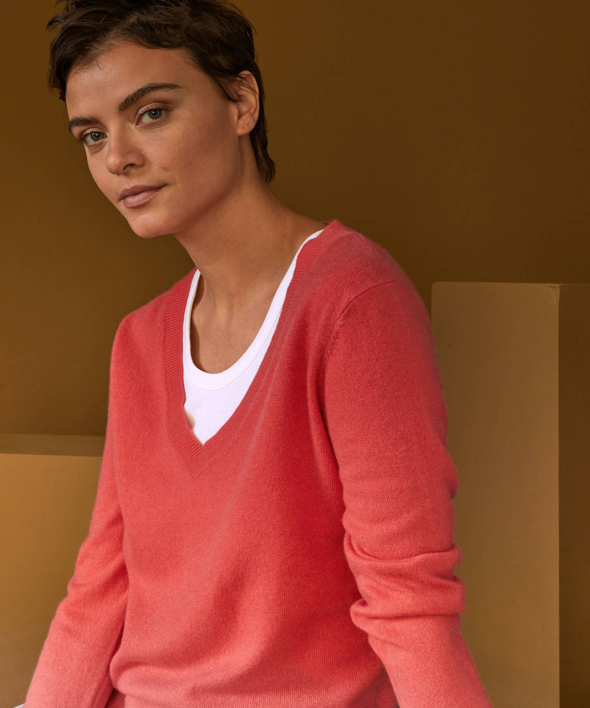 Kaschmirpullover mit V-Ausschnitt: Rose tonique / XL