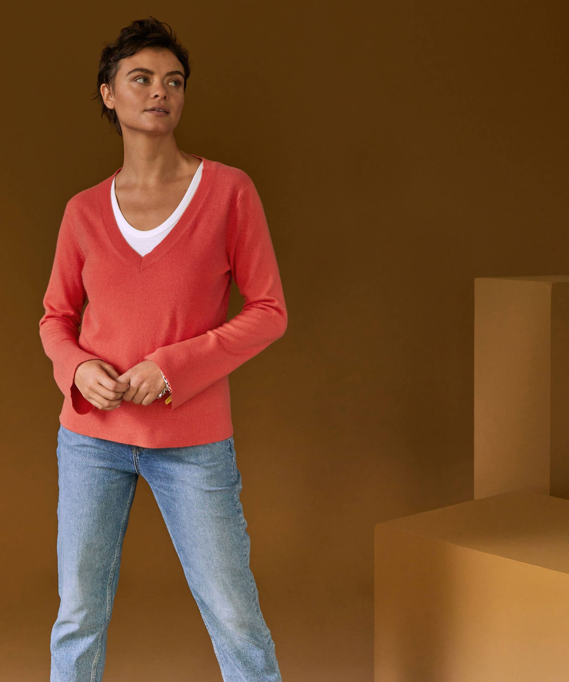 Kaschmirpullover mit V-Ausschnitt: Rose tonique / XL